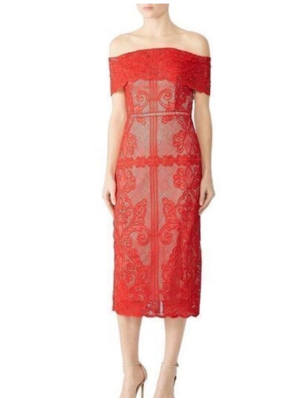 Stylestalker Red Off-Shoulder Lace Midi Cocktail Dress Small